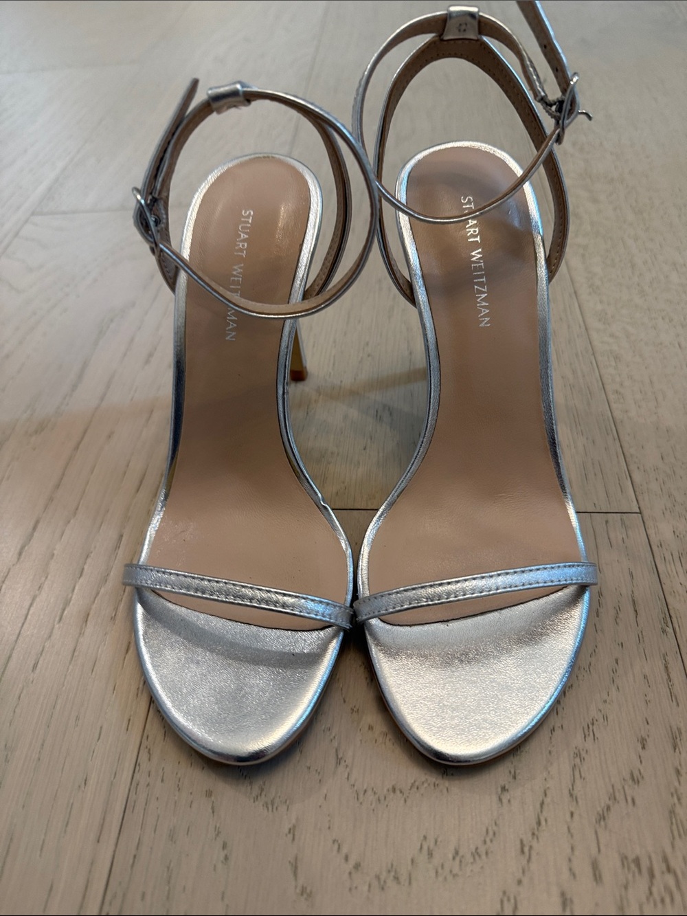 Stuart Weitzman Silver Metallic Ankle-Strap Heels